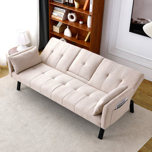 English Elm 70-inch Foldable Cotton Linen Sofa Bed with Cup Holder & Side Storage, Space-Saving 2-Seater Design Beige W3371P337197