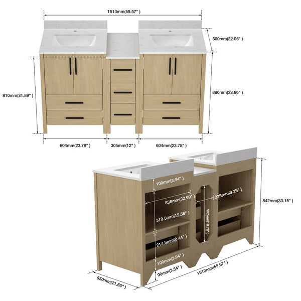 English Elm 108"w×22"d×34"h Freestanding Double Sink Vanity with White Countertop Soft Close T3785S00006