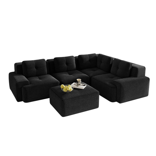 English Elm Modern Corduroy Sectional Sofa Deep Seat V Shape Tufted Couch with Movable Ottoman Black W714S01585