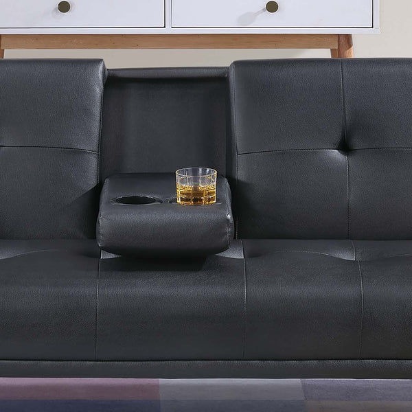 English Elm Black Faux Leather Adjustable Sofa With Fold-Down Table & Cup Holders - Stylish Sleep & Lounge Solution B011P381496