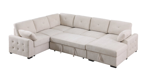 English Elm Nyhan Upholstered Corner Sectional with Pull-Out Loveseat and Storage Chaise, Chenille Elegance Beige B102S00080