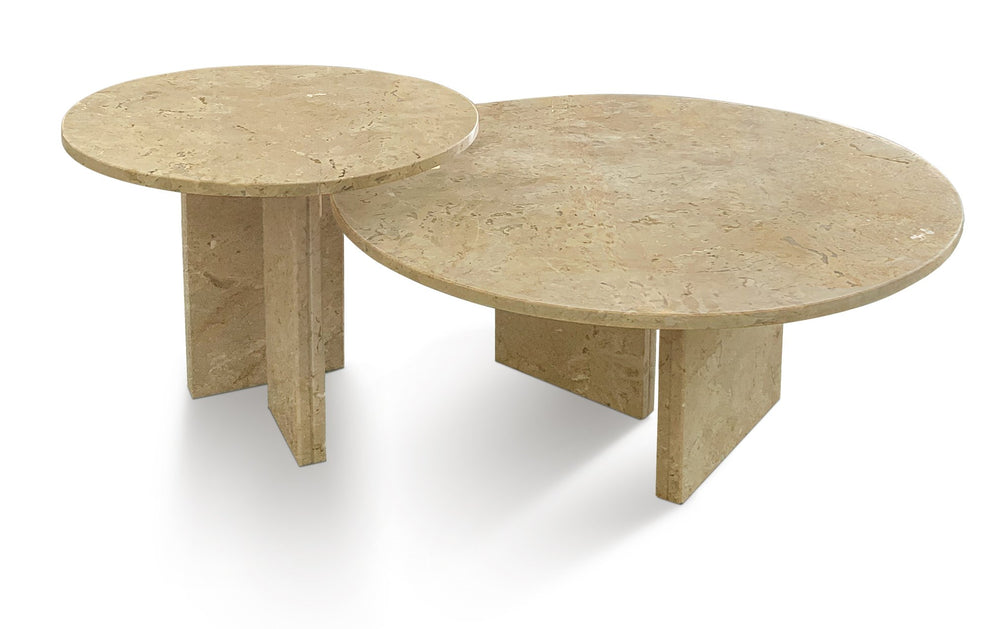 English Elm Glod Marble Coffee Table Set — Yellow Beige Natural Stone Nesting Tables 45cm & 70cm Stylish Pair W1696S00001