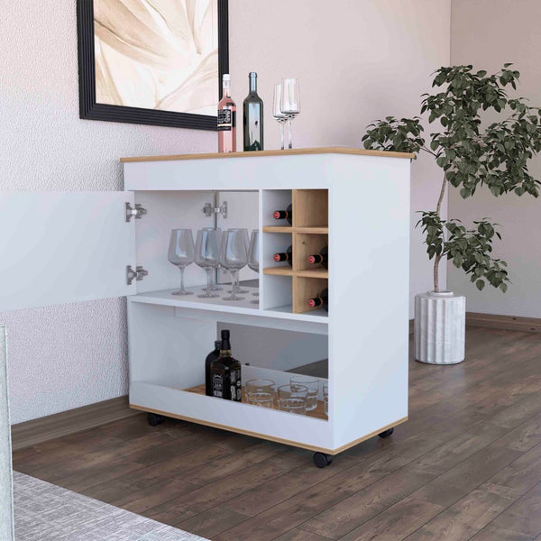 English Elm Seattle Tall Bar Cabinet with Eight Bottle Cubbies Open Shelving and Enclosed Storage B128P322513