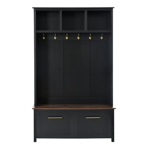 English Elm On-trend Entryway Hall Tree with Gold Hooks Bench Drawers and Shoe Cabinet Storage Black N721S000056B-1