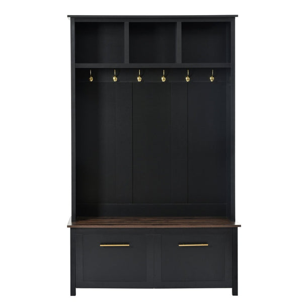 English Elm On-trend Entryway Hall Tree with Gold Hooks Bench Drawers and Shoe Cabinet Storage Black N721S000056B-1
