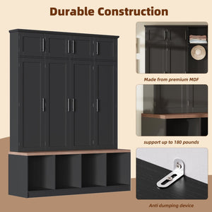 English Elm Farmhouse Hall Tree with Triple Arch Back Panel Eight Hooks Drawers and Entryway Bench Black N721S000059B-1
