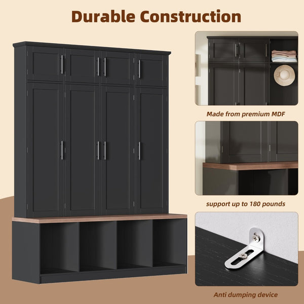 English Elm Farmhouse Hall Tree with Triple Arch Back Panel Eight Hooks Drawers and Entryway Bench Black N721S000059B-1
