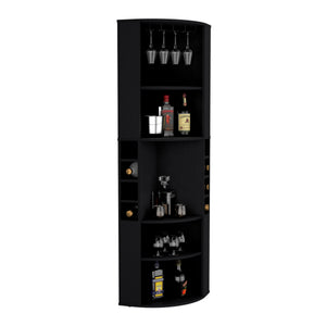 English Elm Oban Corner Bar Cabinet with Five Shelves, Eight Bottle Cubbies and Space-Saving Tall Storage Design Black 45 L x 23 W x 4 H B070S00253