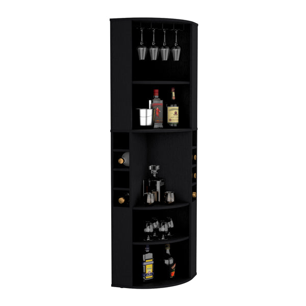English Elm Oban Corner Bar Cabinet with Five Shelves, Eight Bottle Cubbies and Space-Saving Tall Storage Design Black 45 L x 23 W x 4 H B070S00253