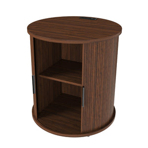 English Elm Mid Century Walnut Round End Table with Charging Station and Sliding Door Storage W2700P385517