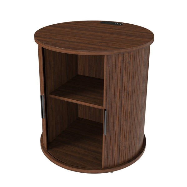 English Elm Mid Century Walnut Round End Table with Charging Station and Sliding Door Storage W2700P385517