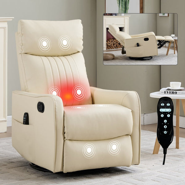 English Elm Beige Fabric Swivel Rocker Recliner with Massage Nodes and Lumbar Heat for Living Room Beige W1803P363430