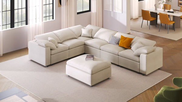 English Elm U_style Oversized Modular Sectional Plush Chenille Pine Frame Living Room Sofa with Ottoman Beige WY000453AAA