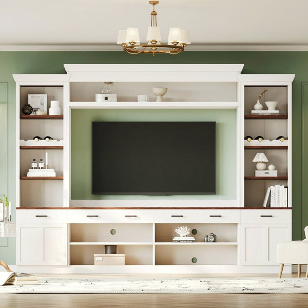 English Elm On-Trend Farmhouse 4-Piece Entertainment Wall Unit For Tvs Up To 70" With Wine Rack & Adjustable Shelves N721S000046K-GIGA