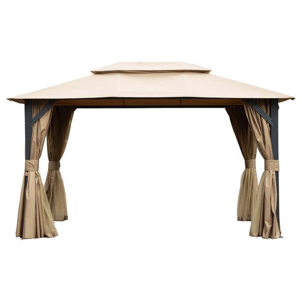English Elm 10'x13' Outdoor Gazebo Steel Frame Double Roof Patio Shelter with Netting and Curtains Brown W1859P425842