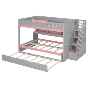 English Elm House-shaped Pine Bunk Bed with Built-in Slide Storage Staircase Twin Over Full Kids Frame Gray N820S00067E