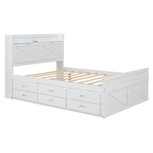 English Elm Full Full Size Wooden Bed with Storage Headboard, Built-In Outlets, Trundle & 3 Drawers for Space-Saving Bedrooms White 80.51 L x 17.12 W x 4.57 H N733S172712K