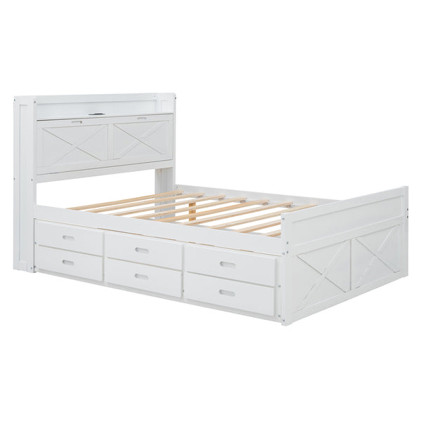 English Elm Full Full Size Wooden Bed with Storage Headboard, Built-In Outlets, Trundle & 3 Drawers for Space-Saving Bedrooms White 80.51 L x 17.12 W x 4.57 H N733S172712K