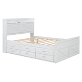 English Elm Full Size Wooden Bed With Storage Headboard With Outlets, Extendable Bed With Twin Size Trundle With Three Storage Drawers,White