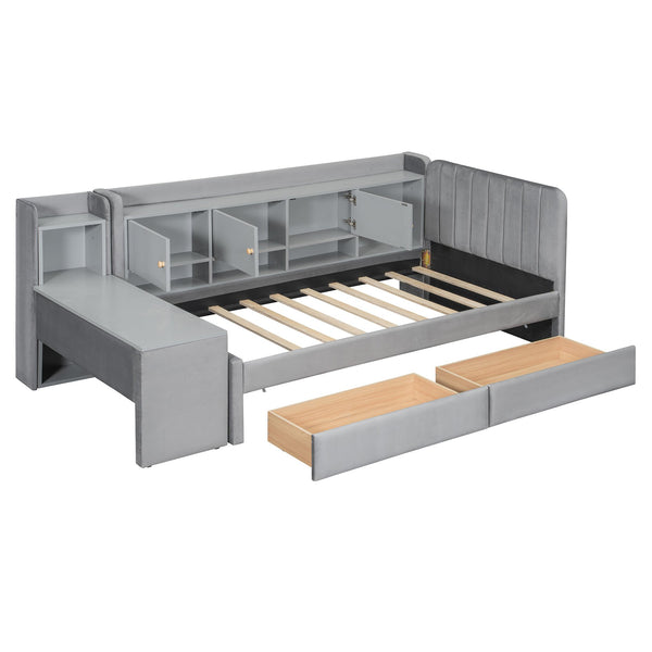 English Elm Twin Upholstered Daybed with Velvet Finish, High Back Shelves, Flip Cabinets, Drawers & Side Table Gray SF000196AAE