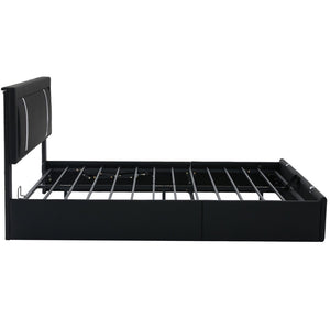 English Elm Queen Platform Bed Wingback Diamond Quilted Headboard Led Lighting Storage Drawers Black W5722P462695