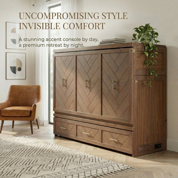 English Elm Queen Cabinet Murphy Bed Pine Wood Frame Geometric Panel Usb Charging Guest Room W504S00306