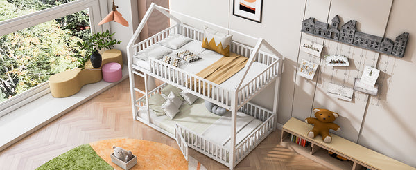 English Elm Metal Twin over Twin House Bunk Bed with Playful Roof, Sturdy Metal Frame, Quiet Support for Kids White N709P214091K