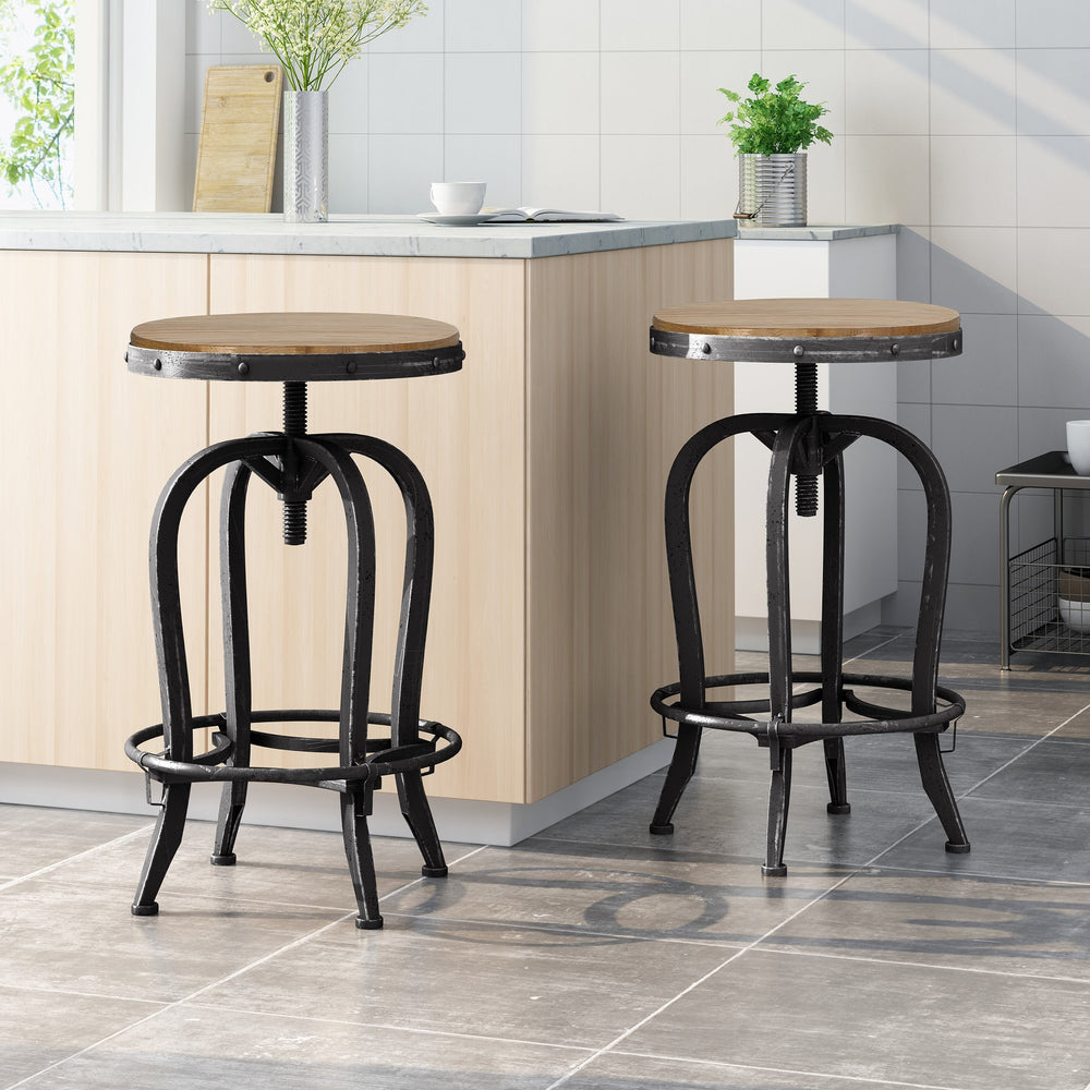 English Elm Christopher Knight Home® - Industrial Firwood Adjustable Swivel Barstools Set of 2 — Rustic Pewter Iron Frame, Height-Adjustable Comfort 67373.00