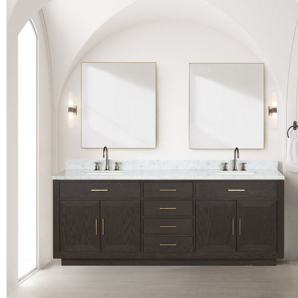 English Elm Brown Oak Double Bath Vanity With Carrara Marble Top & Faucet Set - Elegant Storage Solution For Your Bathroom B2731P257851