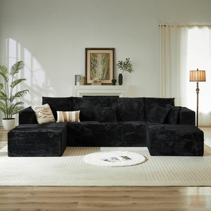 English Elm 133.86" Cloud Modular U-shaped Sectional Ribbed Corded Fabric Deep Seat Living Room Sofa Black W668S00009