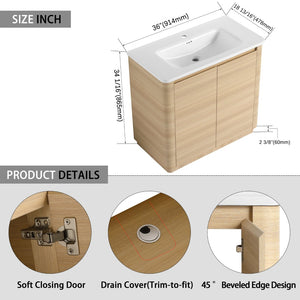 English Elm 36'' Freestanding Bathroom Vanity Plywood Cabinet Ceramic Sink Soft Close Doors W999P351893