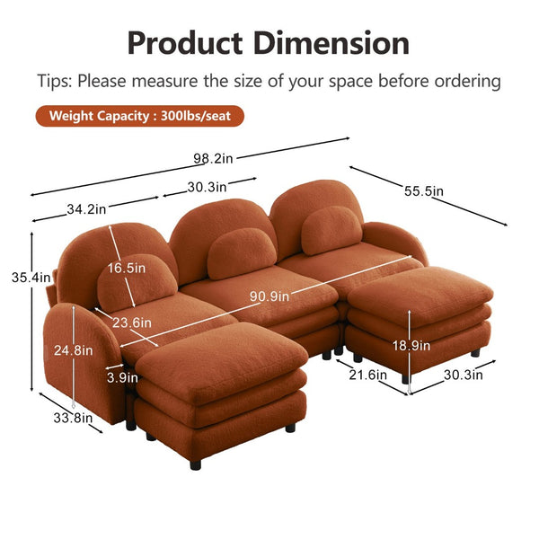 English Elm Teddy Fleece Modular Cloud Sofa Plush Three Seat Sectional with Movable Ottomans Orange W5656S00099