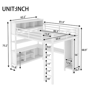 English Elm Metal Queen Size Loft Bed With L-Shaped Desk, Storage Cubes & Shelves For Kids, Teens & Adults W1580S00108