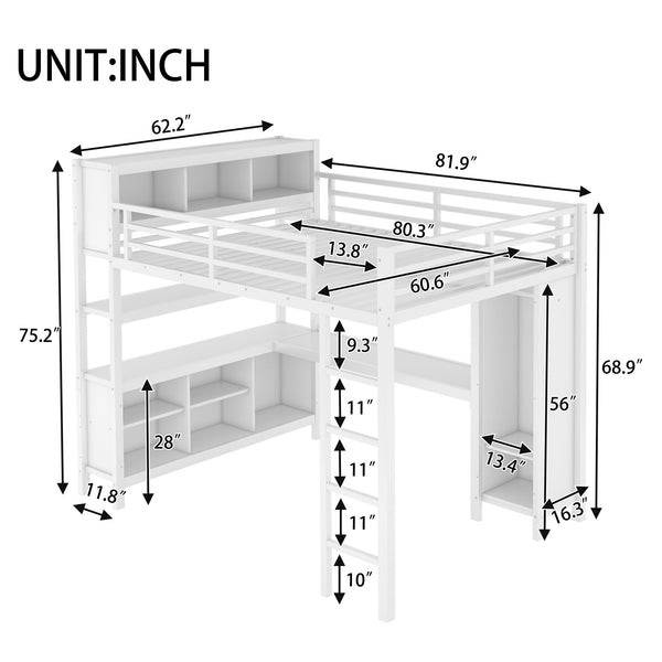 English Elm Metal Queen Size Loft Bed With L-Shaped Desk, Storage Cubes & Shelves For Kids, Teens & Adults W1580S00108
