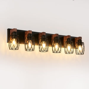 English Elm 38" Industrial Vintage 6-Light Wall Sconce Black Cage with Walnut Wood Accents for Bathroom Hallway Loft Ambience W2312P374840