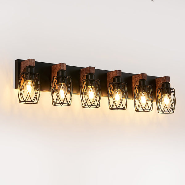English Elm 38" Industrial Vintage 6-Light Wall Sconce Black Cage with Walnut Wood Accents for Bathroom Hallway Loft Ambience W2312P374840
