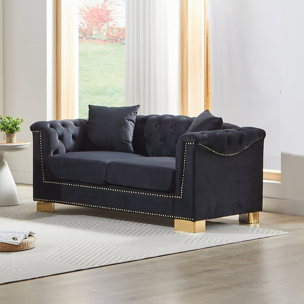 English Elm {video] Chesterfield Two-seater Velvet Sofa with Nailhead Trim and Tufted Gold Leg Luxury Black+Blue W1926S00094