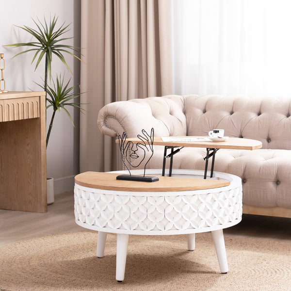 English Elm Round Lift-Top Coffee Table with Storage — 31.5" Boho Modern Farmhouse Accent, White Carved Base, Natural Wood Top W2729P330223