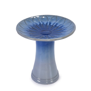 English Elm 17'' Hand-Glazed Ceramic Bird Bath Pedestal with Swirl Pattern, Durable Lightweight Outdoor Sculpture Blue Gray W3273P322557