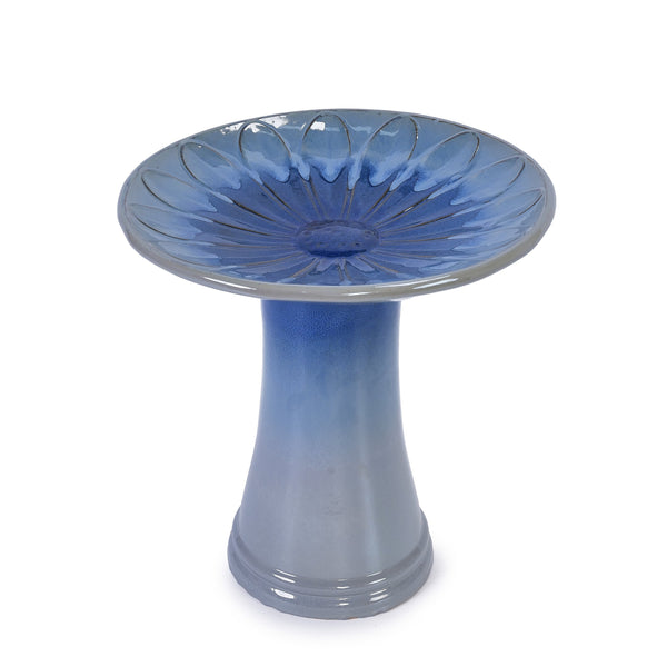 English Elm 17'' Hand-Glazed Ceramic Bird Bath Pedestal with Swirl Pattern, Durable Lightweight Outdoor Sculpture Blue Gray W3273P322557