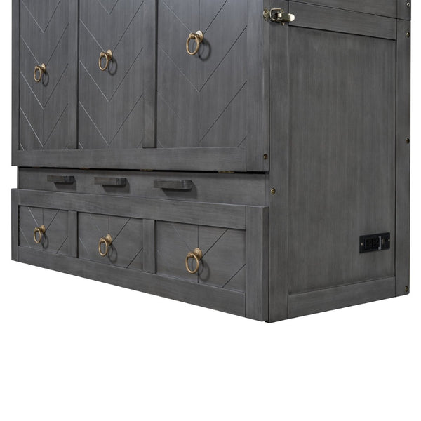 English Elm Full Size Murphy Bed Cabinet with Usb Charging Drawer and Pine Wood Frame Gray LP000427AAE