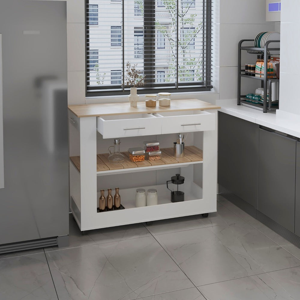 English Elm Rockaway Kitchen Island With 2 Drawers & Open Shelves - Stylish White & Light Oak Storage Solution B06280059-GIGA