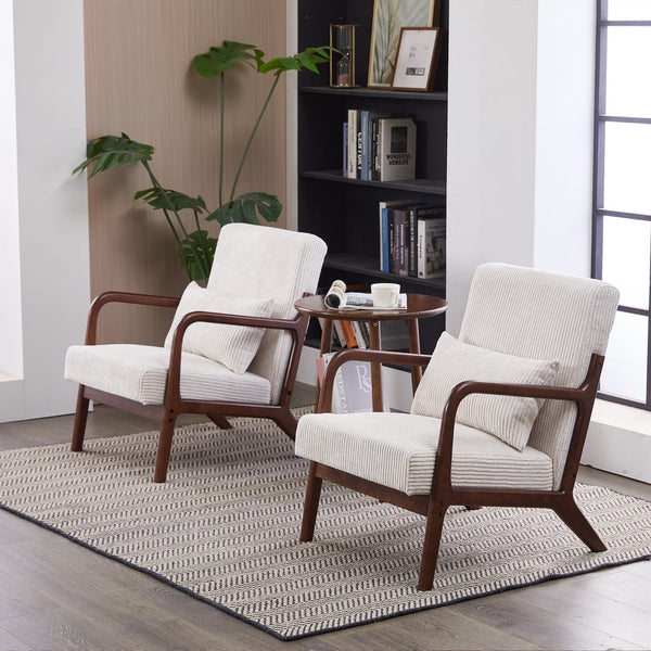 English Elm Mid-Century Beige Accent Chair Upholstered Armchair with Pillow, Solid Wood Frame, Ergonomic Comfort W2989P295373