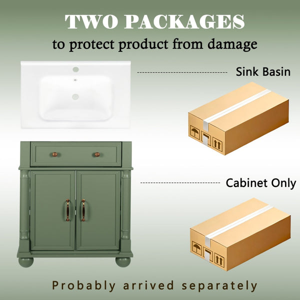 English Elm 27.8" Mid-century Freestanding Bathroom Vanity with Ceramic Sink Drawer and Wood Base Green W1801S00007