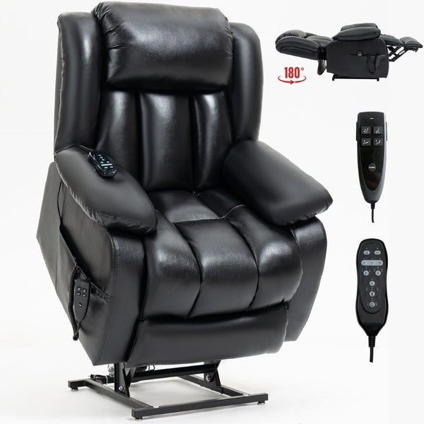 English Elm Dual Motor Power Lift Recliner with Massage Heat and 180 Degree Brown Lounge Chair W1803S00043