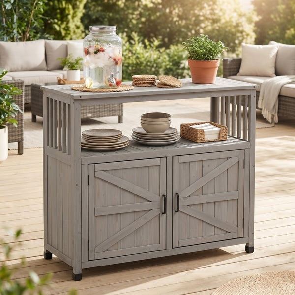 English Elm Wooden Solid Bar Height Buffet Cabinet with Slatted Panels for Patio or Dining W2640P262542