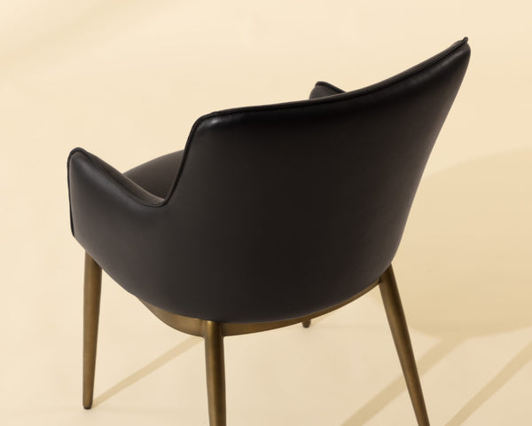 Sunpan FRANKLIN Dining Armchair - Compact Barrel-Back Design in Bravo Black Faux Leather with Brass Frame 112438
