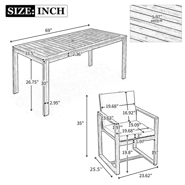 English Elm Patio Light Teak Acacia Wood Dining Set with Removable Beige Cushions, 6-Piece Outdoor Table & Chairs SZ000090AAA