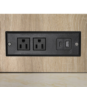 English Elm K&K Fluted Kitchen Island with Extendable Dining Table, Art Deco Mid-Century Design, Built-In Power Hub, Gold Handle Natural N707S000018Y