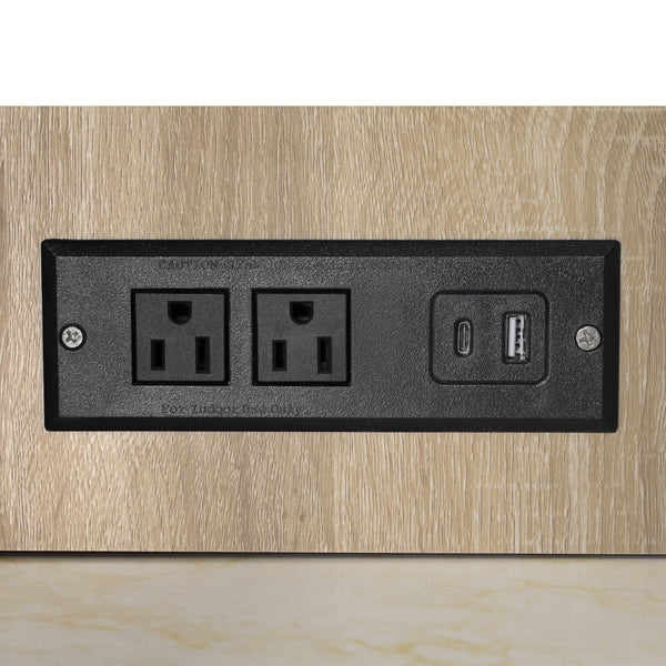 English Elm K&K Fluted Kitchen Island with Extendable Dining Table, Art Deco Mid-Century Design, Built-In Power Hub, Gold Handle Natural N707S000018Y